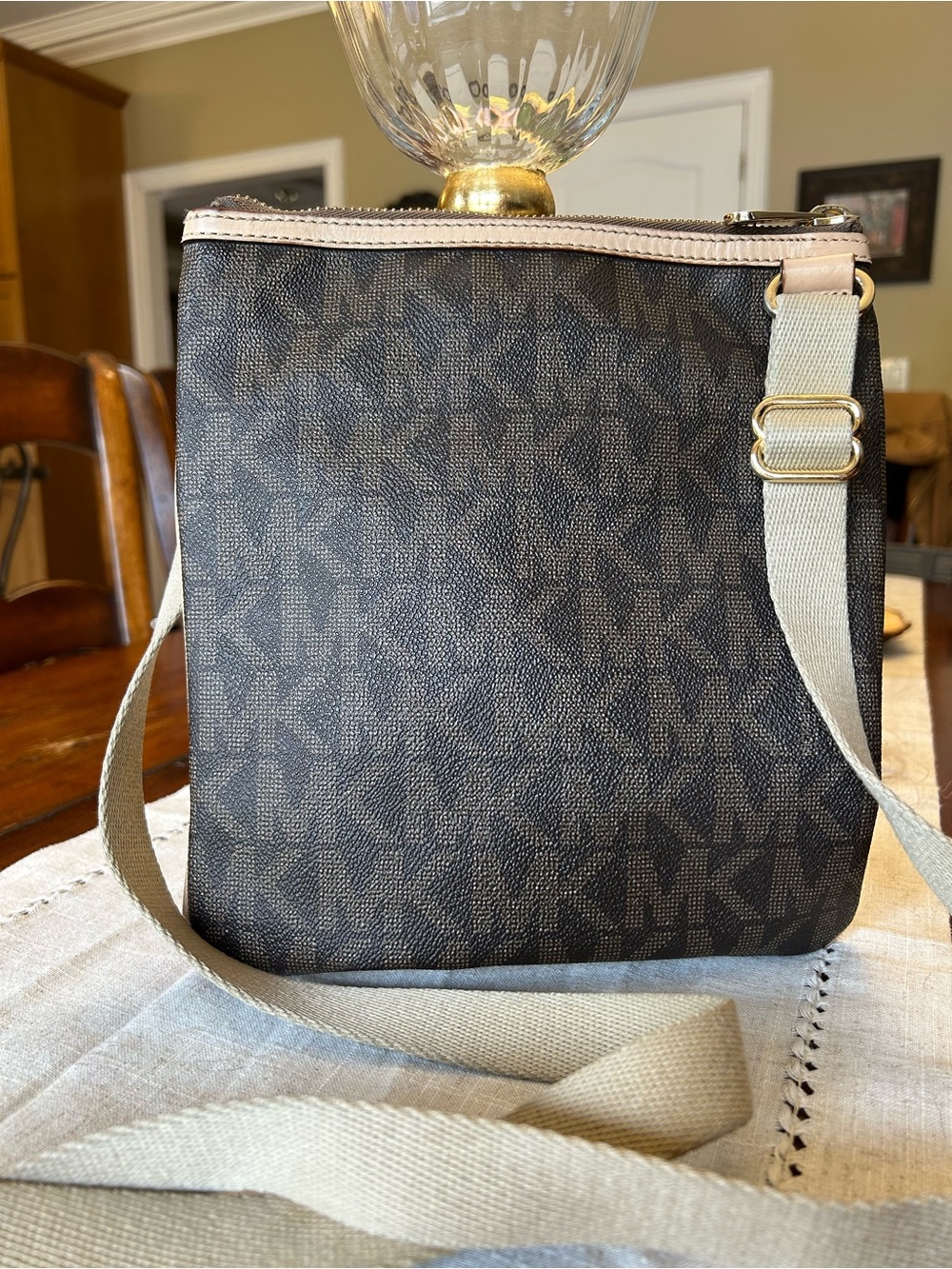 Michael Kors Dark Brown Monogram Crossbody Messenger Bag with Beige Strap